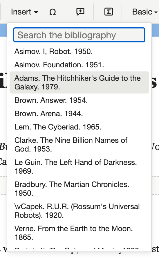 The Insert menu searching the bibliography: a list of books by author, title and year