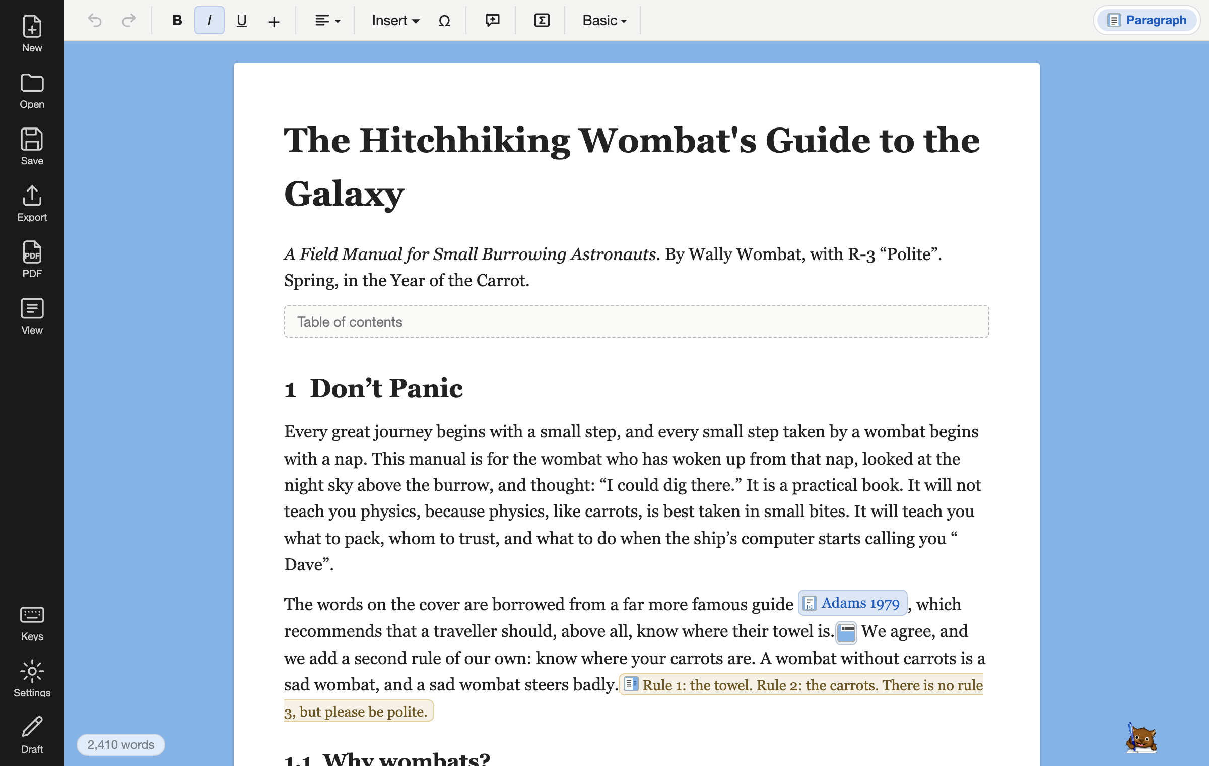 The editor in the Focus view: the page alone, with a short Toolbar above it