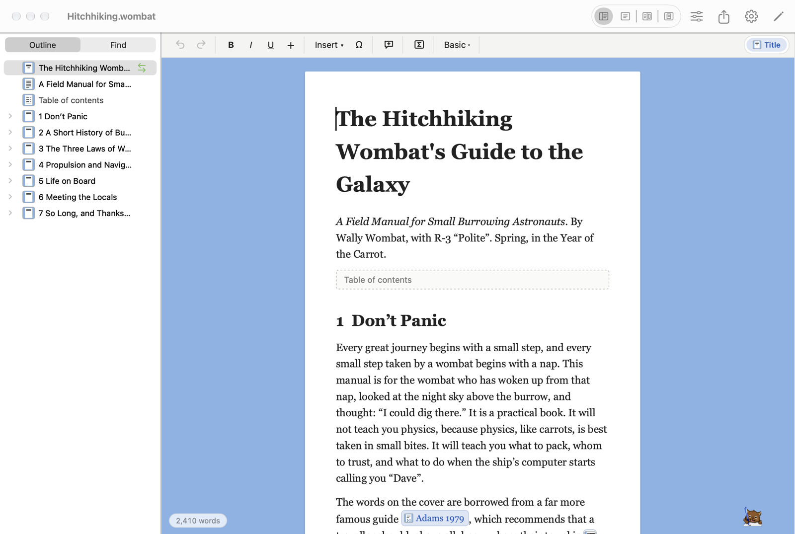 The Mac app: the Menu in the title bar, the Outline at the left, and the page