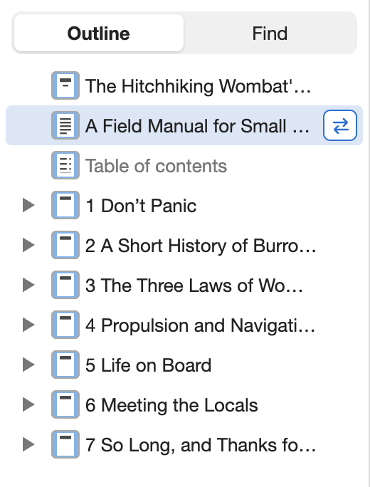 The Outline of a document: its title, the contents, and its sections with their figures