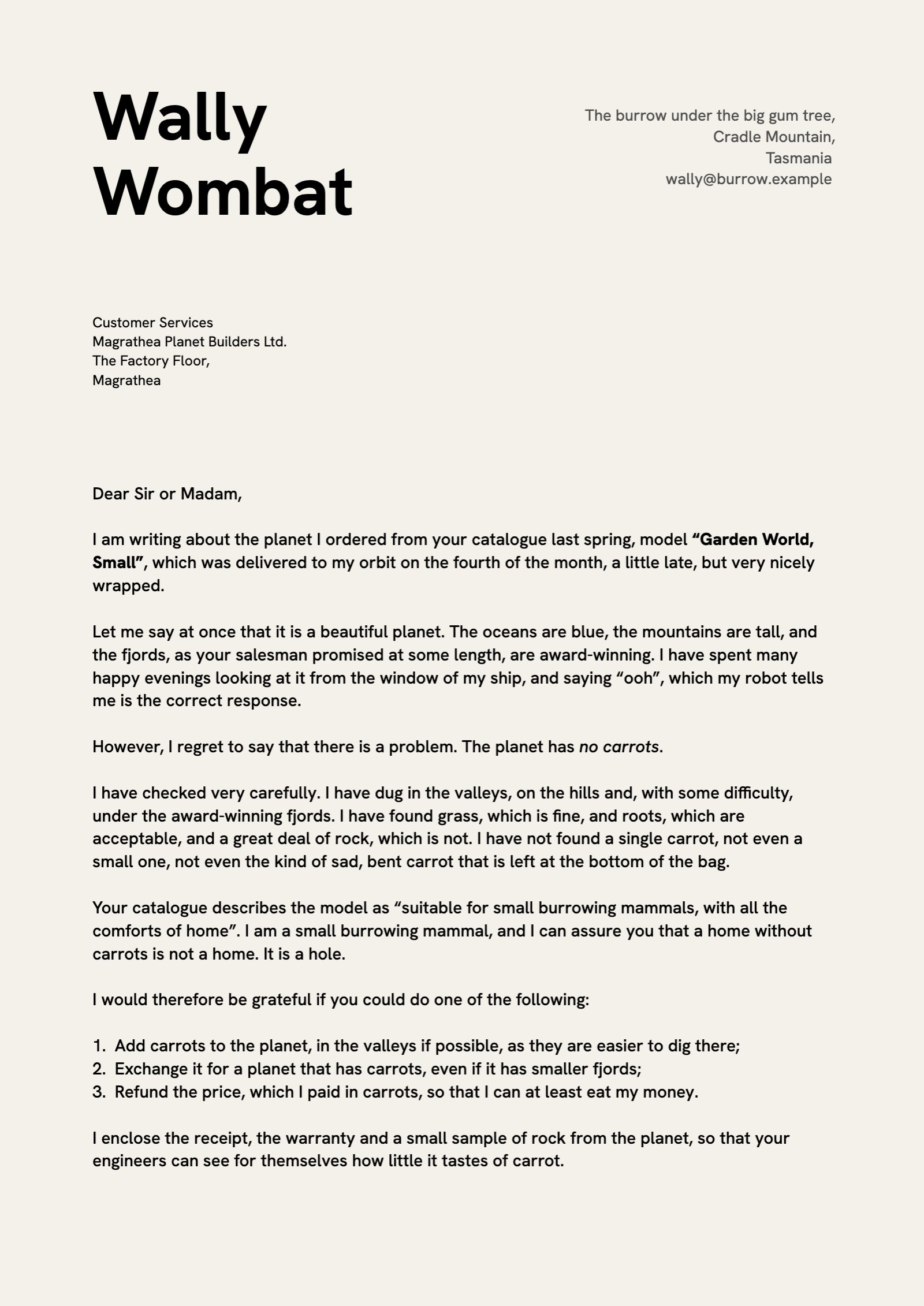 A letter on a warm page, with the name in large letters and the addresses
