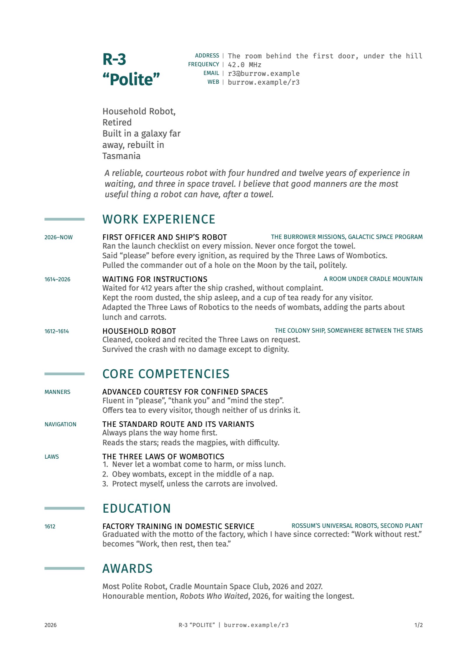 A résumé: the name and the contact at the top, sections with a bar in the margin, dates beside each entry