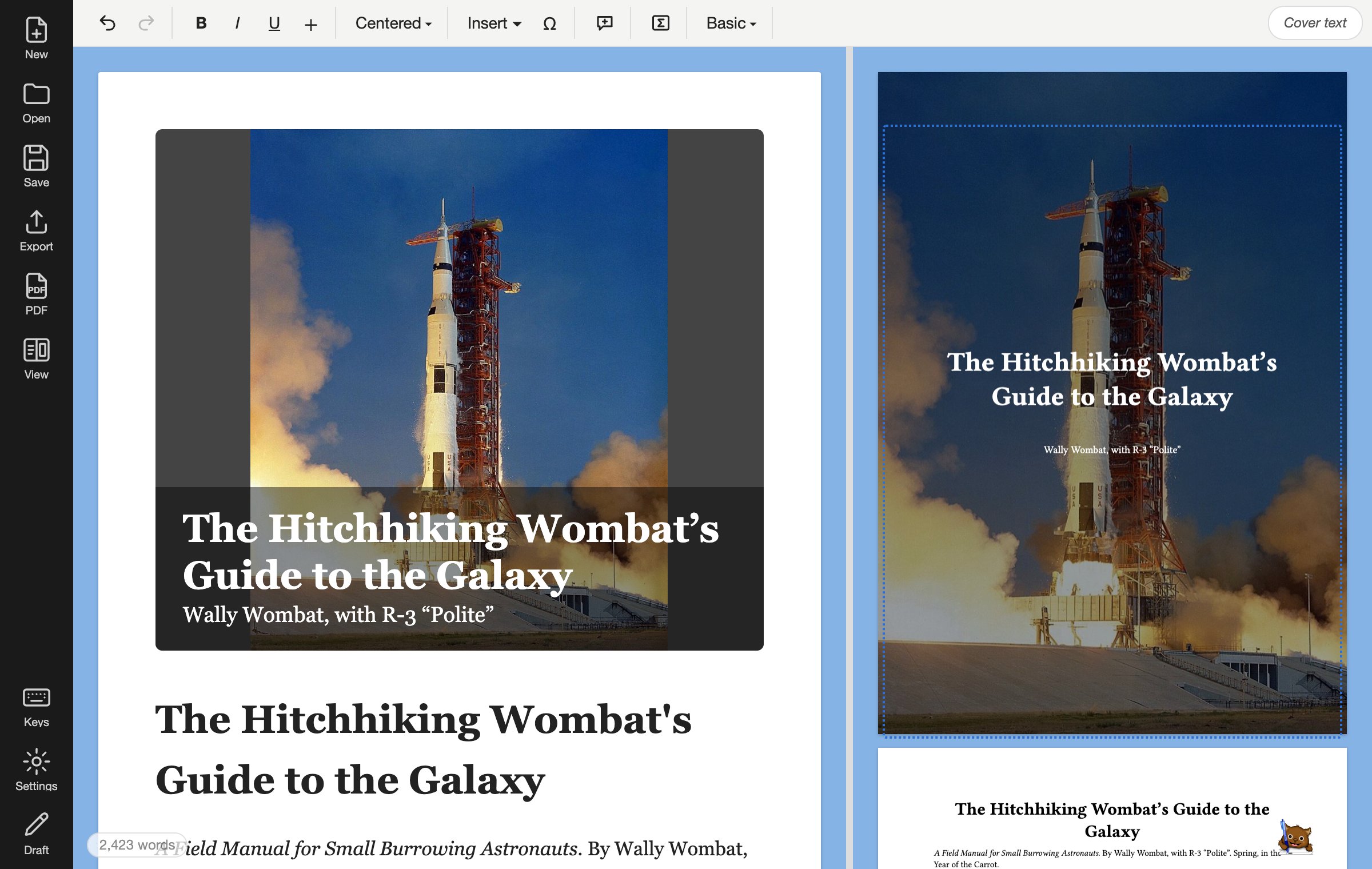 The editor with a cover beside the PDF of the same document
