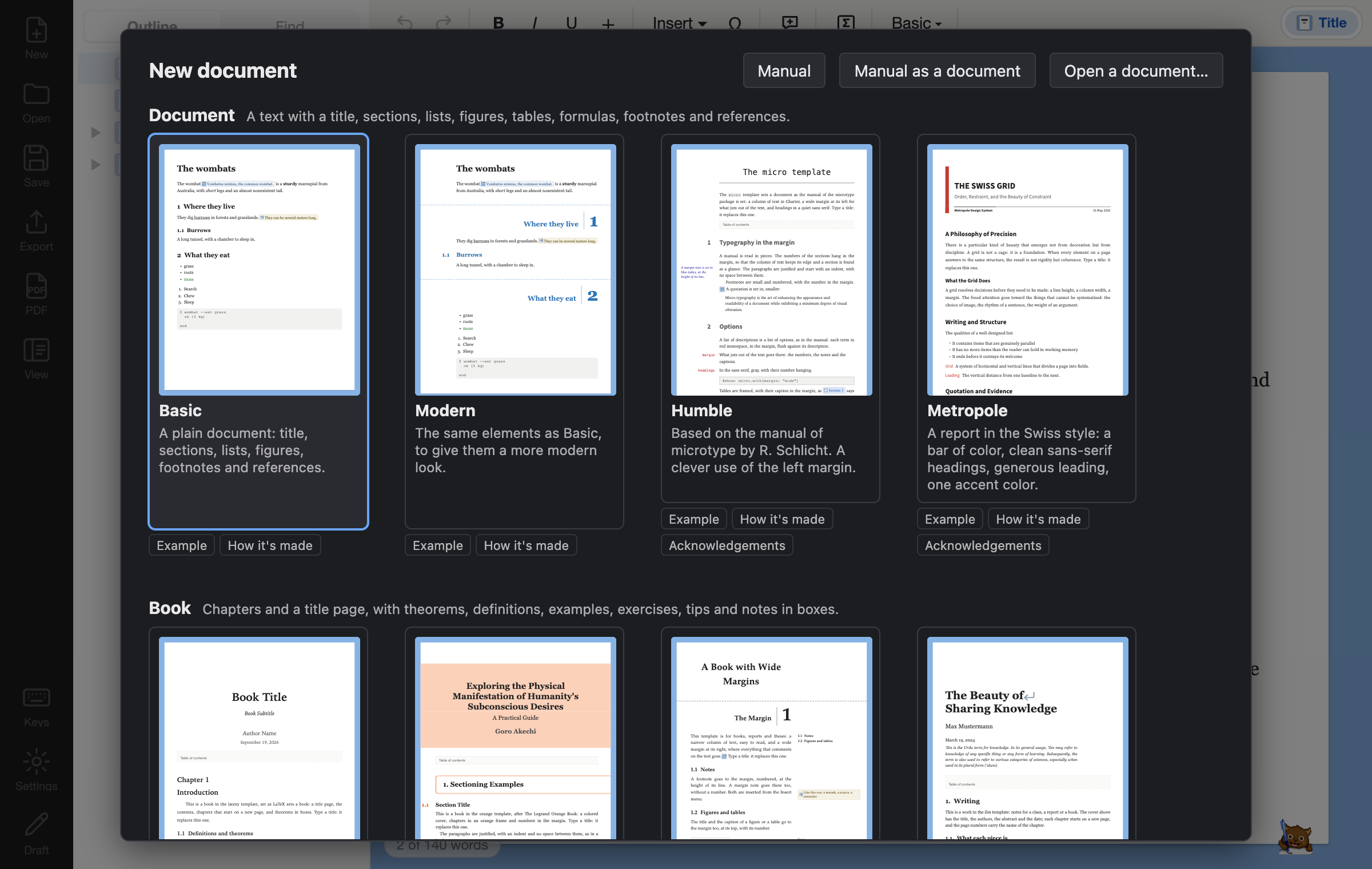 The start screen: a card per template, with the sample document of each